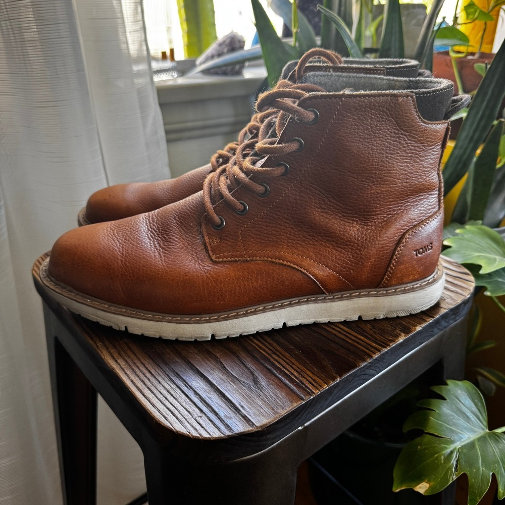 TOMS Ashland Mens Tan Pebble Grain Leather Flannel Lined Lace Up Boots 11